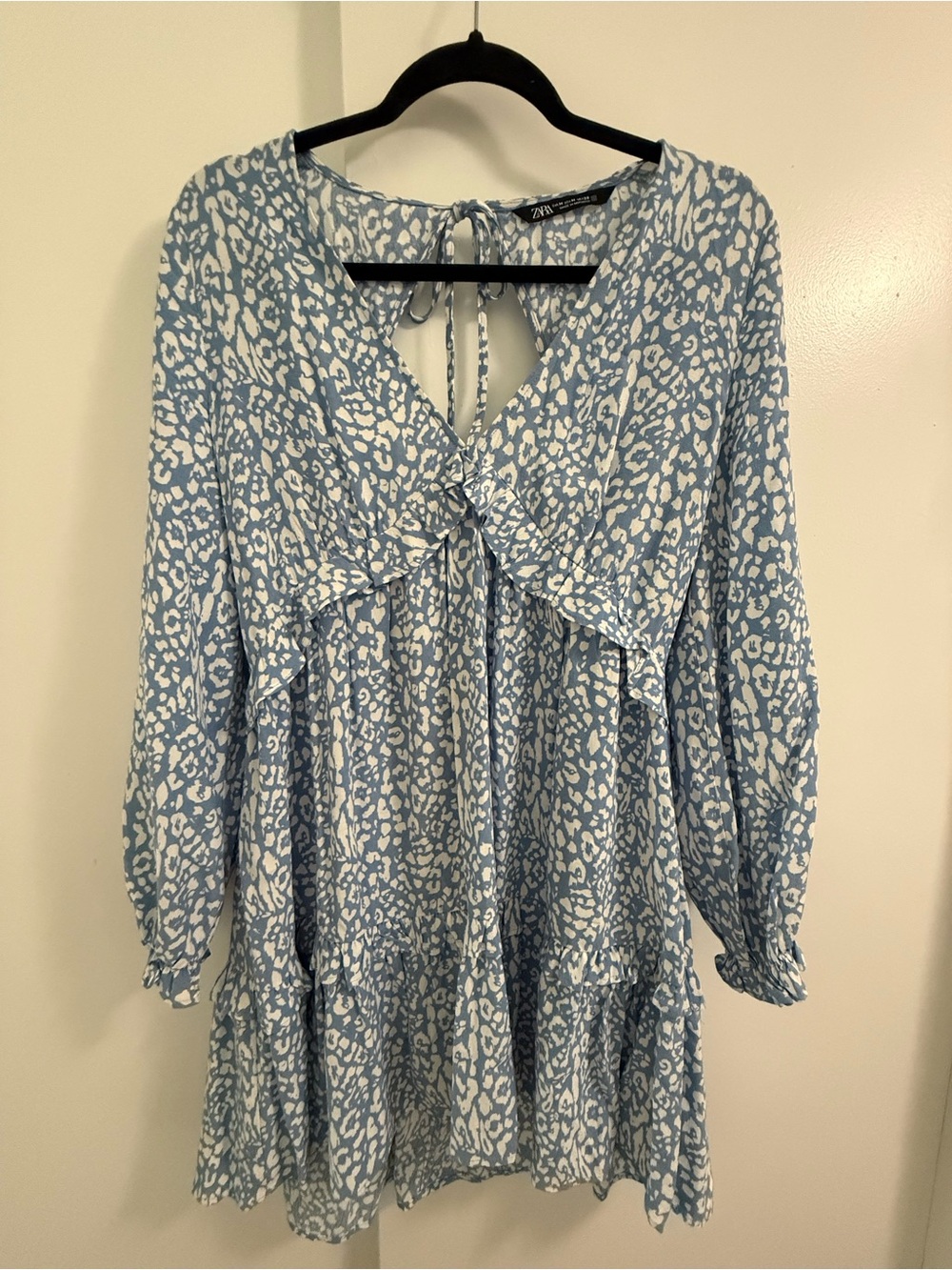 Zara Blue and White Ruffled Tie-Back Tunic